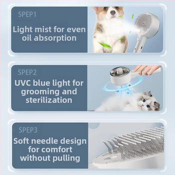 Гребен за масаж на кучета с спрей за домашни любимци, гребен за премахване на окосмяване с едно докосване за котки, гребен за котки, UV стерилизация и премахване на акари
