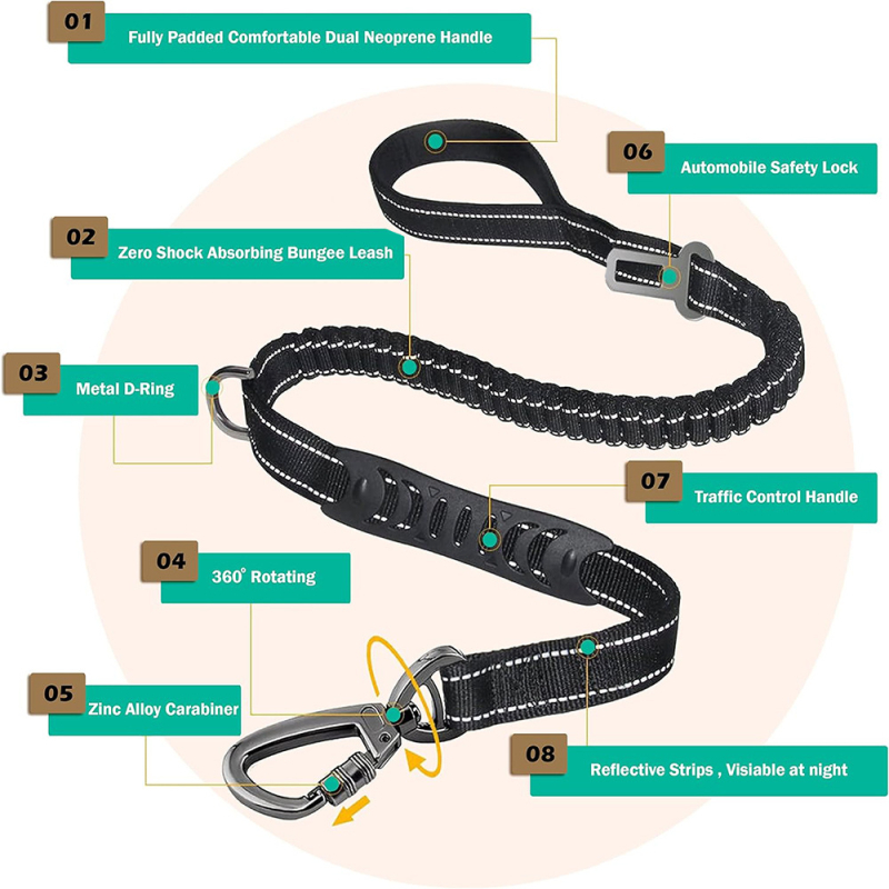 Határokon átnyúló, népszerű biztonsági öv közepes és nagytestű kutyáknak, rugalmas kötél, vastag heveder, rövid tapadás, nagy rugalmasságú, robbanásbiztos kutyasétáltató kötél