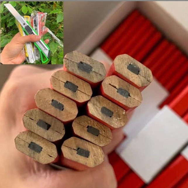 Medienos apdirbimo pieštukas-tušas žymėjimo darbams, specialus plokščias galvutės rašiklis medienai, juodas, aštuonkampis, raudonas, mėlynas, didelės spalvos, kryžminis kraštas