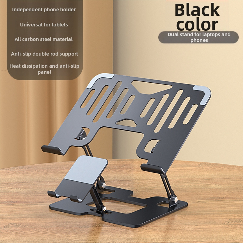 Mobiltelefontartó szénacélból, lapos, univerzális, magasító állvány, 360 fokban forgatható, összecsukható, emelhető asztali polc