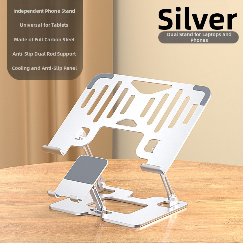 Mobiltelefontartó szénacélból, lapos, univerzális, magasító állvány, 360 fokban forgatható, összecsukható, emelhető asztali polc