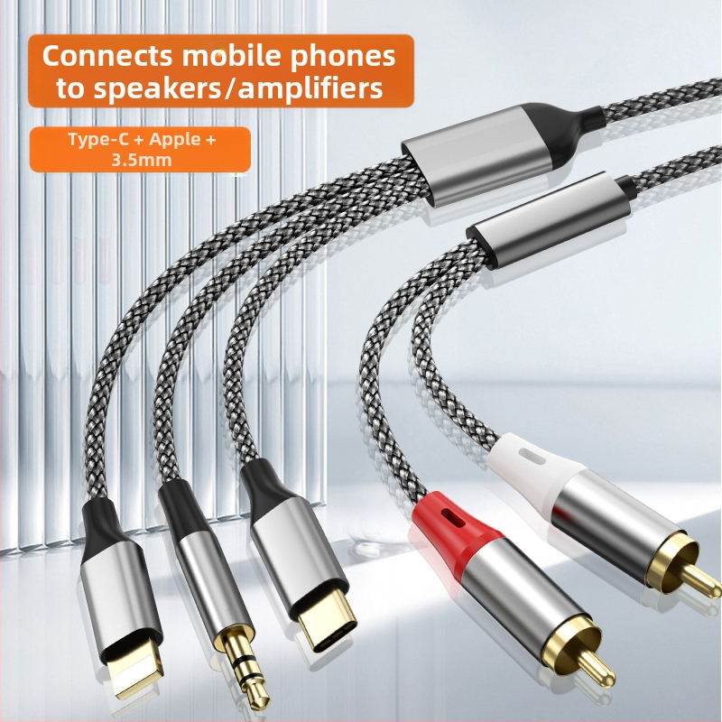 Pārrobežu trīs vienā uz 2 RCA Lotus audio kabelis, kas piemērots C tipa Apple 3,5 mm uz audio skaļruņu pastiprinātāju