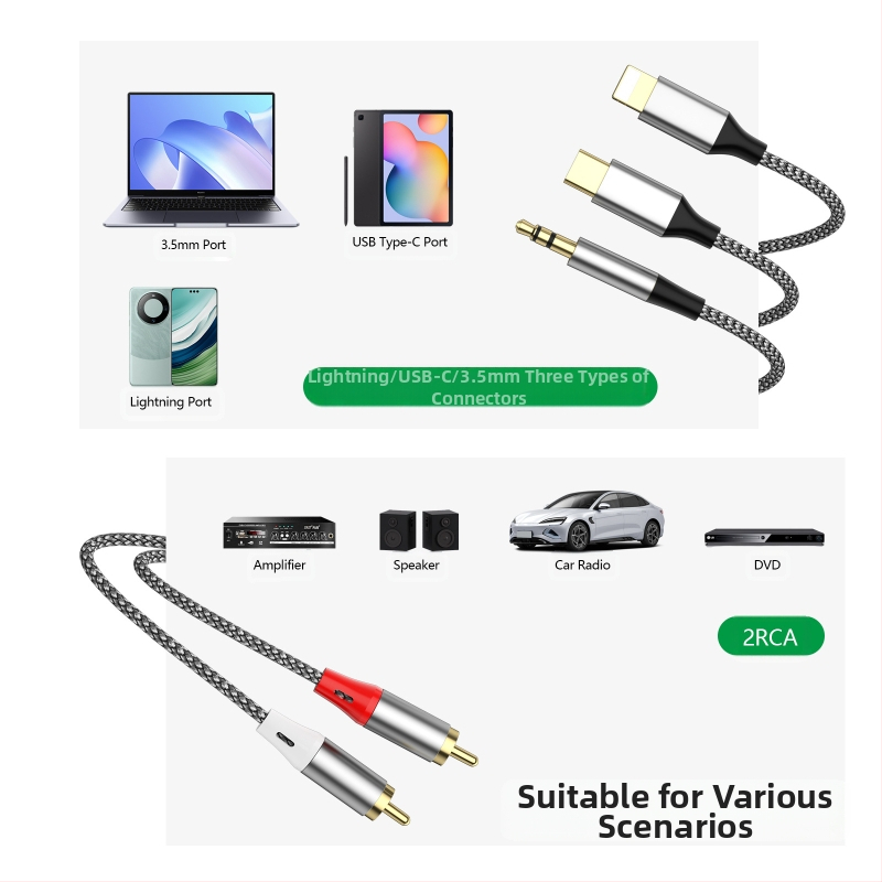 Трансграничен аудио кабел Lotus "три в едно" към 2Rca, подходящ за Apple Type-C 3.5 мм към аудио високоговорител и усилвател