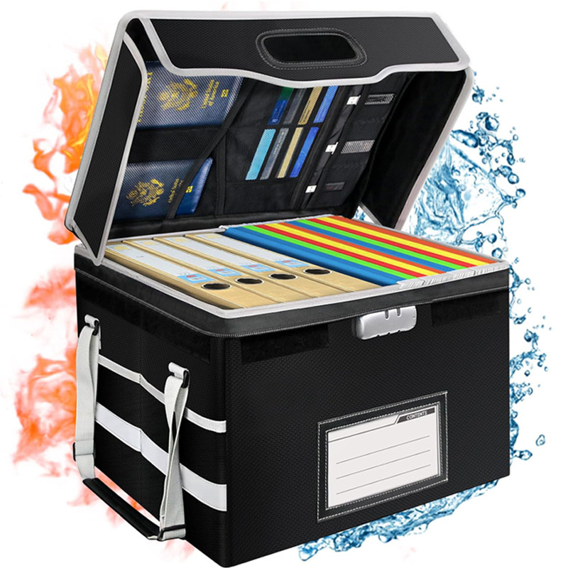 Pārrobežu ūdensnecaurlaidīga, ugunsdroša, augstas temperatūras izturīga, ugunsdroša, divslāņu, saliekama dokumentu kaste ar slēdzeni