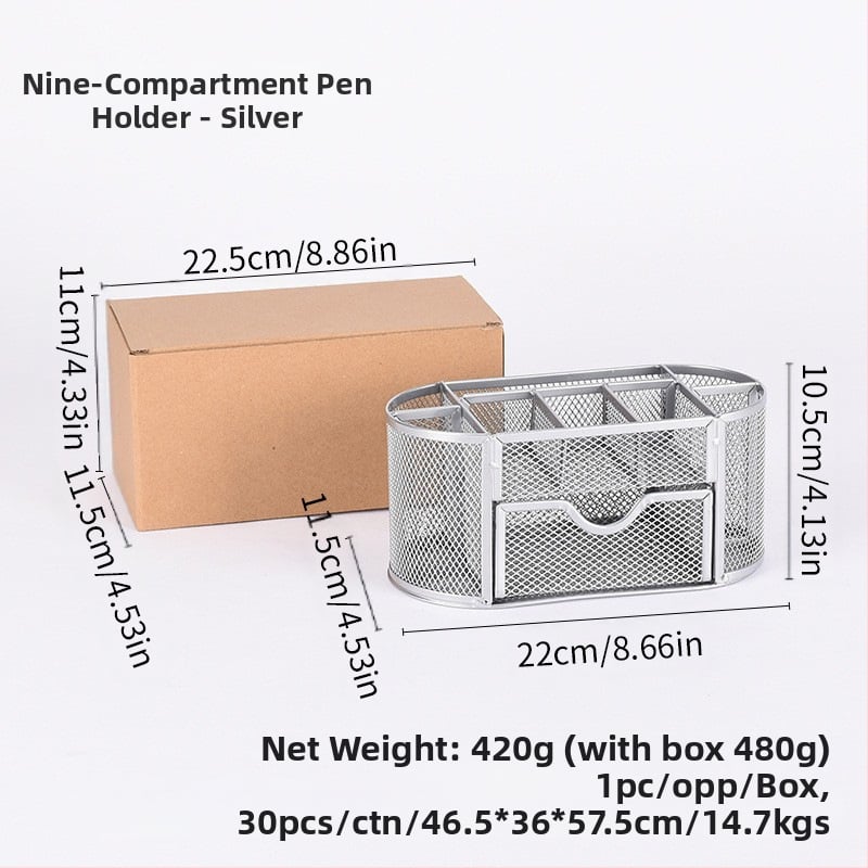 Metallist rauast võrgust üheksa ruudustikuga hoiukarbi lauapliiatsihoidja, müügil olev kirjatarvete ämber, uus stiil, sahtliga hoiukarbi pliiatsihoidja, hulgimüük