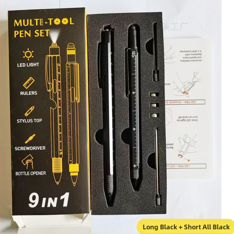 9-in-1 pudeļu attaisāmais turētājs pildspalvas maciņš LED gaismas pildspalva daudzfunkcionāla pildspalvas rīks 6-in-1 metāla lodīšu pildspalva dāvanu pildspalva