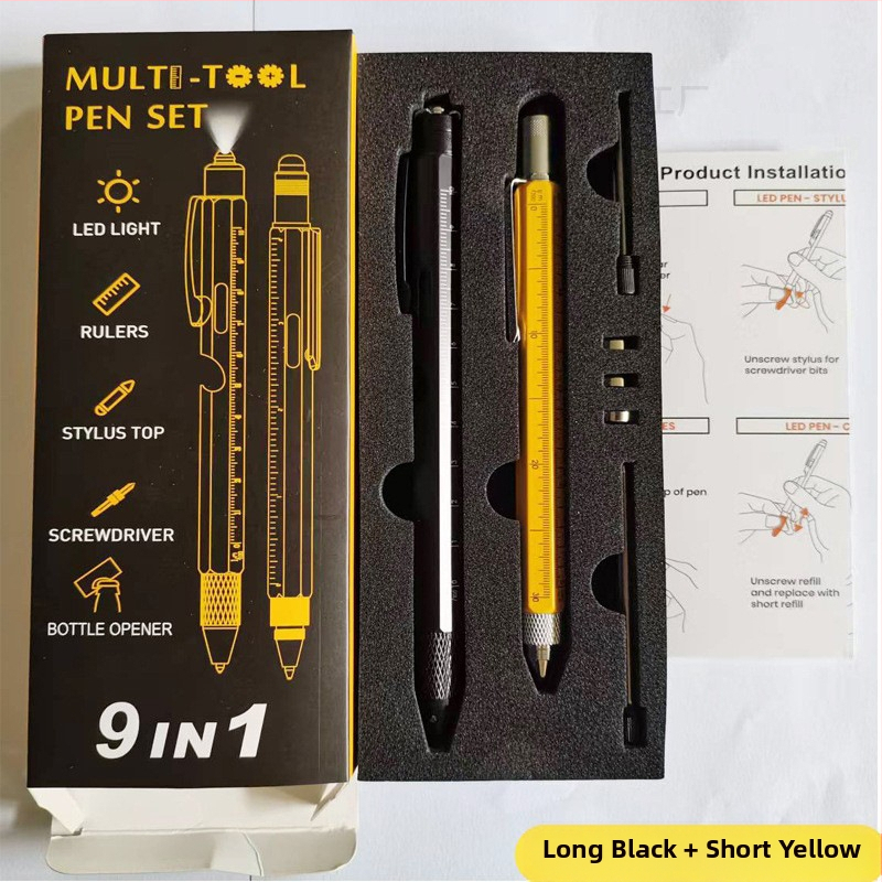 9-in-1 pudeļu attaisāmais turētājs pildspalvas maciņš LED gaismas pildspalva daudzfunkcionāla pildspalvas rīks 6-in-1 metāla lodīšu pildspalva dāvanu pildspalva