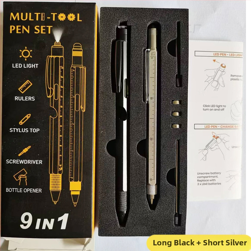 9-in-1 pudeļu attaisāmais turētājs pildspalvas maciņš LED gaismas pildspalva daudzfunkcionāla pildspalvas rīks 6-in-1 metāla lodīšu pildspalva dāvanu pildspalva