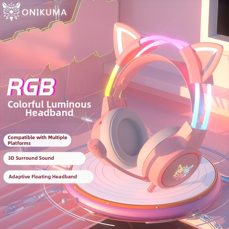 „Crossborder Hot Model X15Pro“ ausinės su šviečiančia galvos juosta, mielos katės ausies formos, elektroninio sporto triukšmo mažinimo kompiuterinių žaidimų ausinės