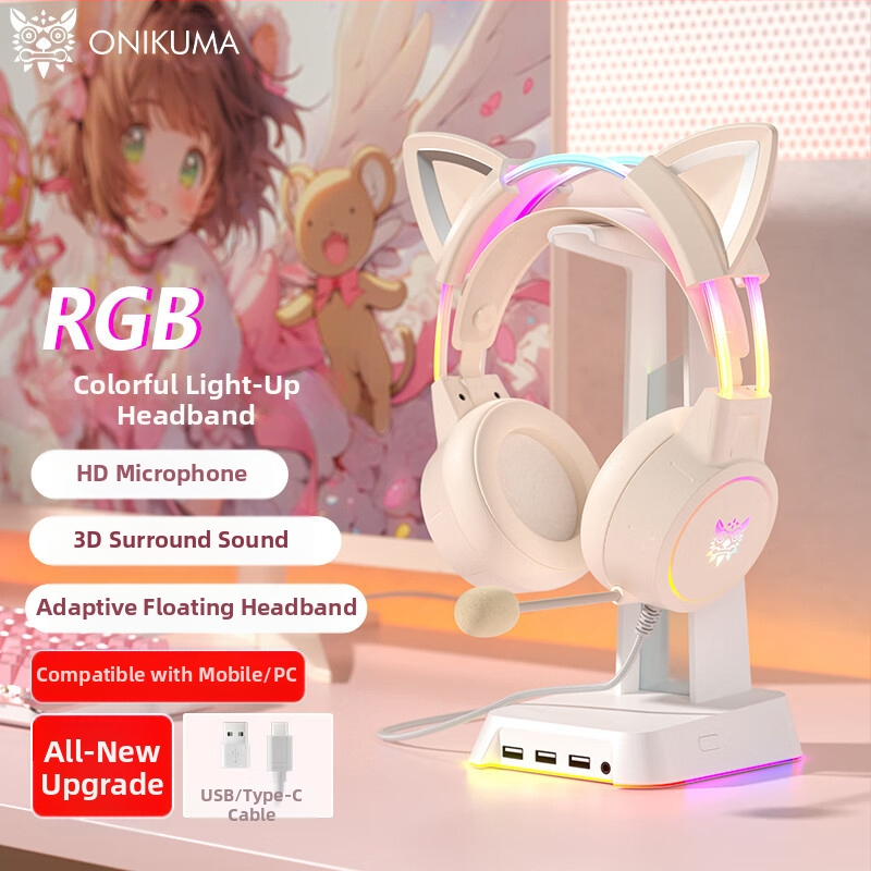 „Crossborder Hot Model X15Pro“ ausinės su šviečiančia galvos juosta, mielos katės ausies formos, elektroninio sporto triukšmo mažinimo kompiuterinių žaidimų ausinės