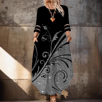 Piiriülene Euroopa ja Ameerika uue stiiliga 2025. aasta sügis-talve moodne ümara kaelusega trükitud üheksaveerandvarrukatega kleit