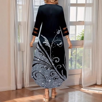 Piiriülene Euroopa ja Ameerika uue stiiliga 2025. aasta sügis-talve moodne ümara kaelusega trükitud üheksaveerandvarrukatega kleit