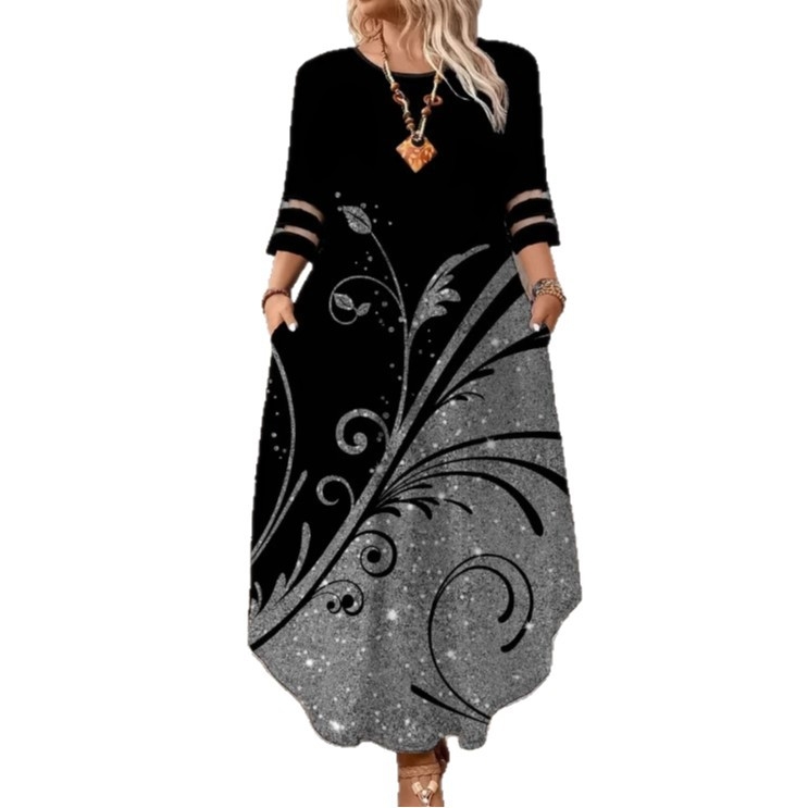 Piiriülene Euroopa ja Ameerika uue stiiliga 2025. aasta sügis-talve moodne ümara kaelusega trükitud üheksaveerandvarrukatega kleit