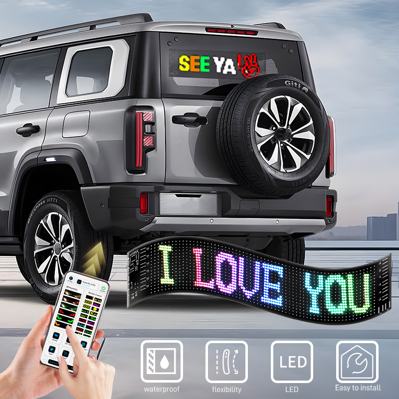 Lankstus automobilio LED ekranas su minkštu ekranu, programėlė „Bluetooth“ LED reklaminis ekranas galiniame lange, įdomi išraiška, interaktyvus, vandeniui atsparus ekranas