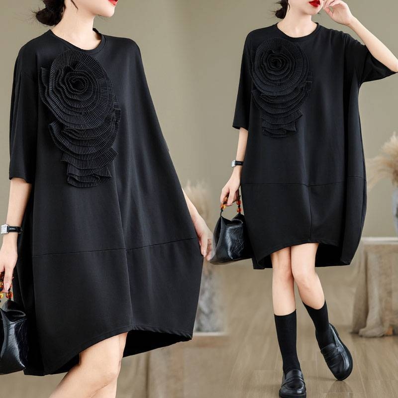 Rochie de vară franceză lejeră pentru femei, plus mărime, cu design de nișă, stereo, cu flori, cu mânecă scurtă, 2025