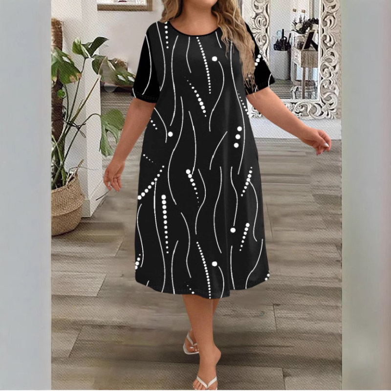 Amazoni suvine uus lahtine A-lõikeline lühikeste varrukatega trükitud pluss-suuruses kleit. Piiriülene Euroopa ja Ameerika naiste moe pikk kleit.