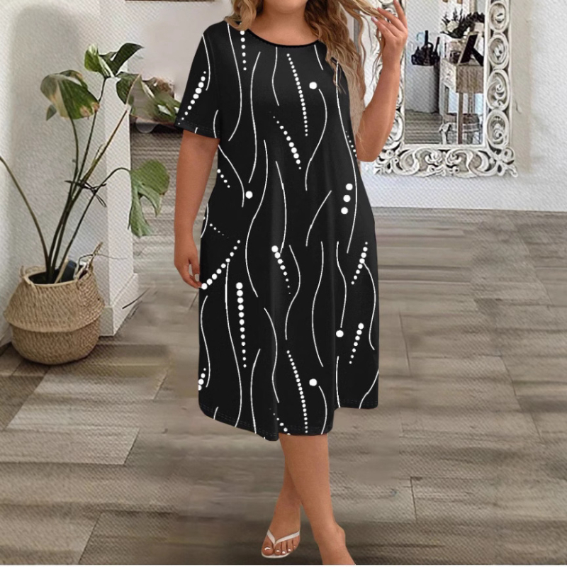 Amazoni suvine uus lahtine A-lõikeline lühikeste varrukatega trükitud pluss-suuruses kleit. Piiriülene Euroopa ja Ameerika naiste moe pikk kleit.