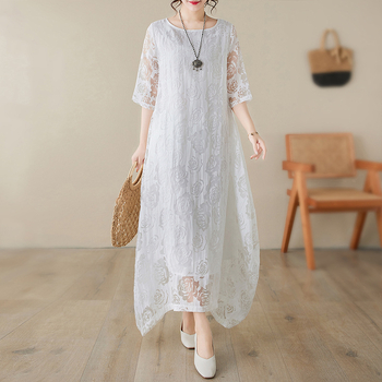 Φόρεμα με δαντέλα σε έθνικ στιλ, γυναικείο, ανοιξιάτικο και καλοκαιρινό στυλ, ρετρό, ρόμπα με παραθαλάσσιο ντύσιμο, μακρύ φόρεμα για γιορτές, φόρεμα σε γραμμή Α με νεράιδα