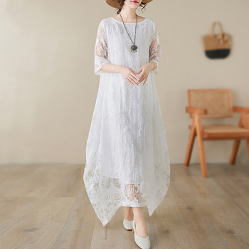 Φόρεμα με δαντέλα σε έθνικ στιλ, γυναικείο, ανοιξιάτικο και καλοκαιρινό στυλ, ρετρό, ρόμπα με παραθαλάσσιο ντύσιμο, μακρύ φόρεμα για γιορτές, φόρεμα σε γραμμή Α με νεράιδα