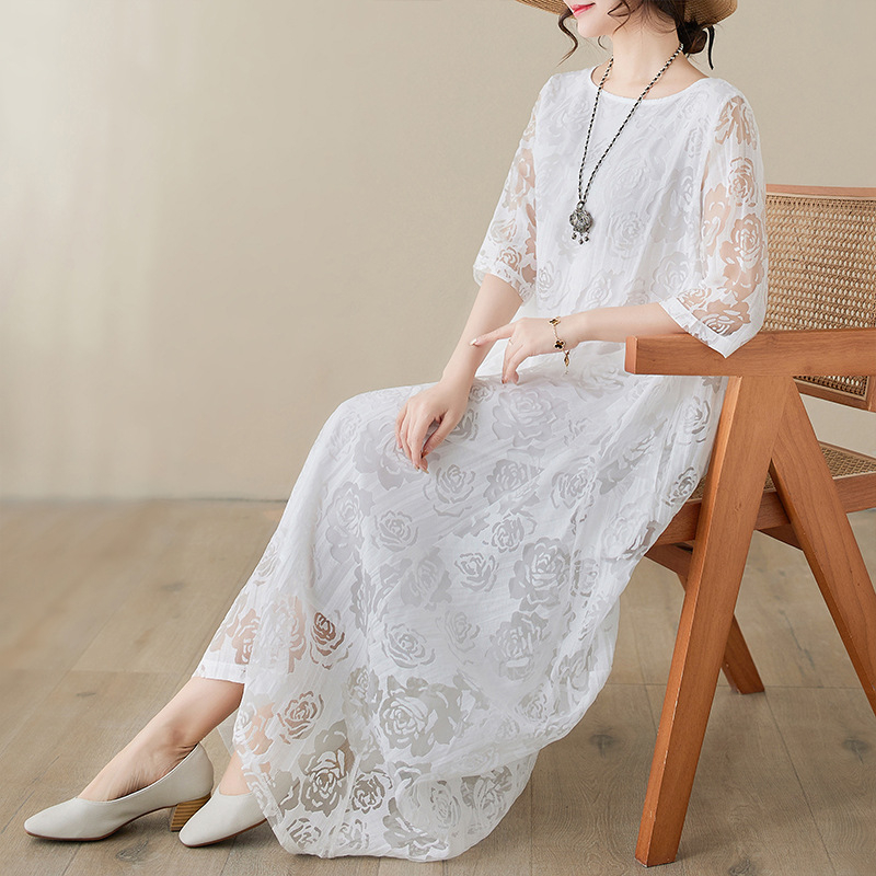 Etnikai stílusú, csipkés, göndör hajú női ruha, bő, vintage stílusú, tengerparti, ünnepi, hosszú ruha, tündéri, A-vonalú ruha