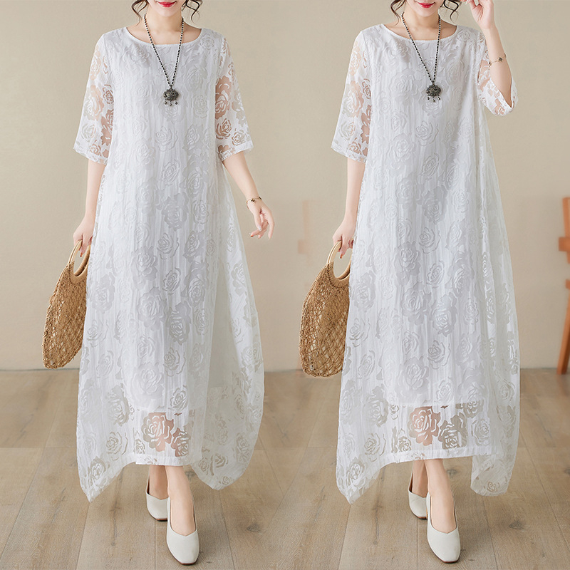Etnikai stílusú, csipkés, göndör hajú női ruha, bő, vintage stílusú, tengerparti, ünnepi, hosszú ruha, tündéri, A-vonalú ruha
