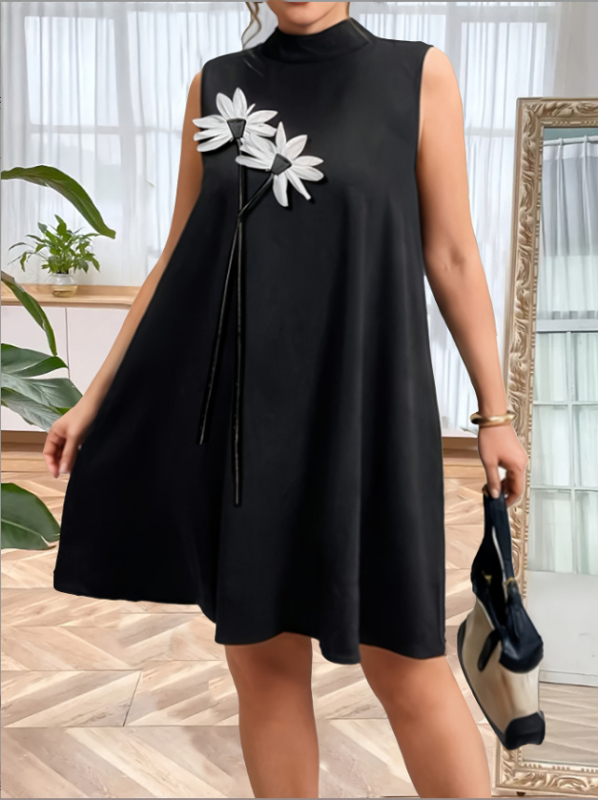 2025. aasta uus must vabaaja kleit stereolilledega Euroopa ja Ameerika stiilis õhuke ekstra suur suurus