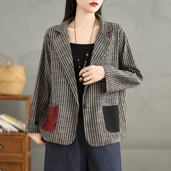 Πραγματικό φθινοπωρινό νέο ριγέ παλτό με τσέπες σε χρώμα αντίθεσης, μικρό κοστούμι, casual, ευέλικτο τοπ