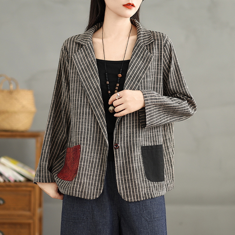 Palton cu dungi, cu cusături noi, fotografie reală, în culori contrastante, cu buzunare, costum mic, casual, versatil