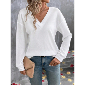 σε απόθεμα 2025 Ευρώπη και Ηνωμένες Πολιτείες διασυνοριακό εξωτερικό εμπόριο γυναικεία ρούχα Amazon φθινόπωρο και χειμώνας νέο μονόχρωμο μπλουζάκι με V γιακά χαλαρό μακρυμάνικο κουμπιά