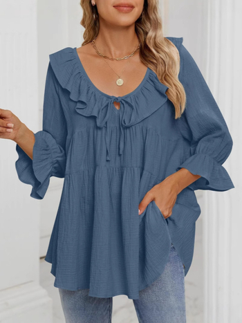 2024 m. Europos ir Amerikos „Amazon“ moteriški apvalios kaklo laisvalaikio marškiniai su raišteliais priekyje, daugiasluoksniai laisvi V formos iškirpte, rudens drabužiai