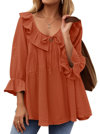 2024 m. Europos ir Amerikos „Amazon“ moteriški apvalios kaklo laisvalaikio marškiniai su raišteliais priekyje, daugiasluoksniai laisvi V formos iškirpte, rudens drabužiai