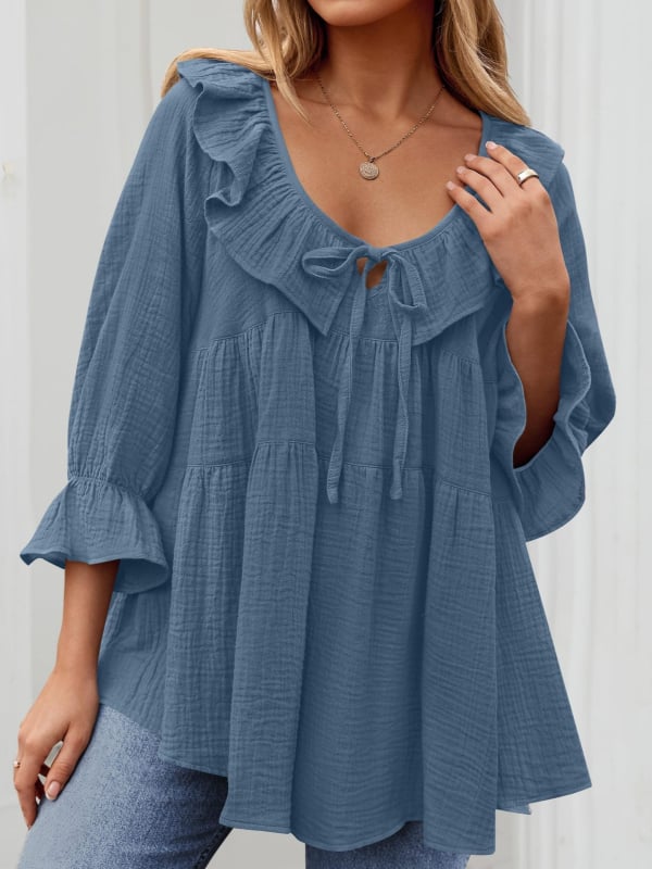 2024 m. Europos ir Amerikos „Amazon“ moteriški apvalios kaklo laisvalaikio marškiniai su raišteliais priekyje, daugiasluoksniai laisvi V formos iškirpte, rudens drabužiai