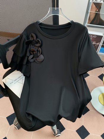 Suures suuruses ühevärviline ümara kaelusega 3D lilleline T-särk kihiliste varrukatega, igapäevaseks vabaajarõivaks, suviseks kasutamiseks