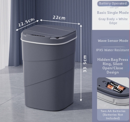 25 metų senumo nauja išmanioji šiukšliadėžė su įmontuotu mėlynu šviečiančiu slėgio žiedu, atverčiamu dangteliu, 18 l talpos, besisukančiu išmaniuoju jutikliu.