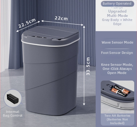 25 metų senumo nauja išmanioji šiukšliadėžė su įmontuotu mėlynu šviečiančiu slėgio žiedu, atverčiamu dangteliu, 18 l talpos, besisukančiu išmaniuoju jutikliu.