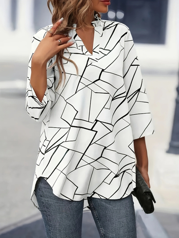 Amazon új divatos alkalmi nyomtatott V-nyakú ing, európai és amerikai félujjú női tavaszi és nyári hosszú ujjú póló