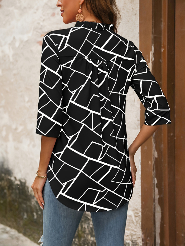 Amazon új divatos alkalmi nyomtatott V-nyakú ing, európai és amerikai félujjú női tavaszi és nyári hosszú ujjú póló