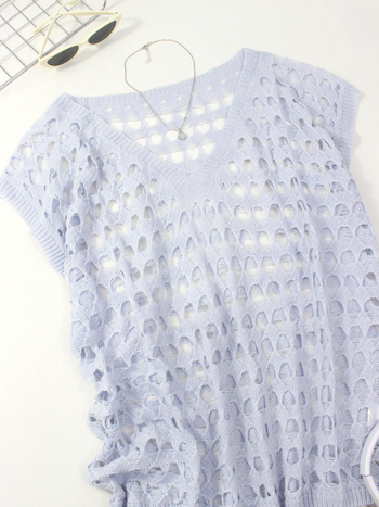 Határokon átnyúló Amazon Temu üreges kötött pulóver női V-nyakú, laza, vékony, rövid ujjú, európai és amerikai stílusú