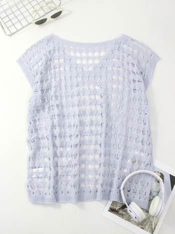 Határokon átnyúló Amazon Temu üreges kötött pulóver női V-nyakú, laza, vékony, rövid ujjú, európai és amerikai stílusú