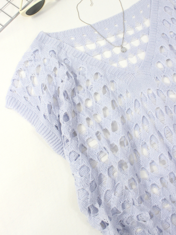 Határokon átnyúló Amazon Temu üreges kötött pulóver női V-nyakú, laza, vékony, rövid ujjú, európai és amerikai stílusú