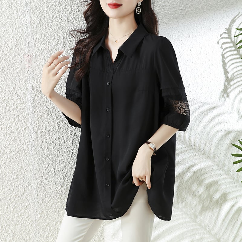 Real Shot mărime mare pentru femei, cămașă din dantelă/șifon, L-5XL, la modă, slăbire, dolofană, elegantă, top