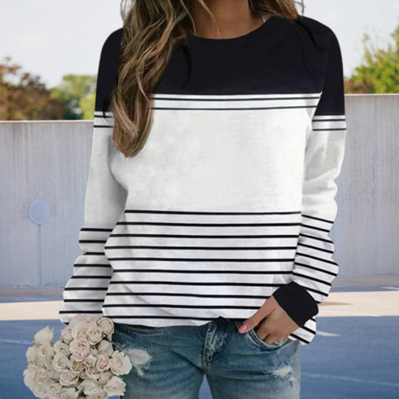 [raktáron] Külkereskedelmi Független Állomás TikTok Őszi Új Szabadidős Ingázó Csíkos Plus Size Női Póló