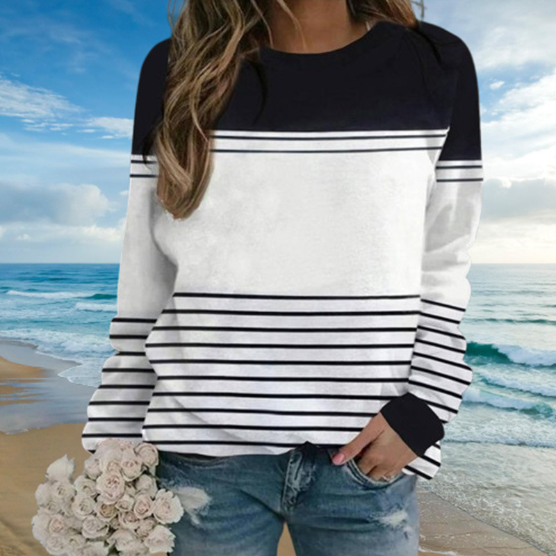 [raktáron] Külkereskedelmi Független Állomás TikTok Őszi Új Szabadidős Ingázó Csíkos Plus Size Női Póló