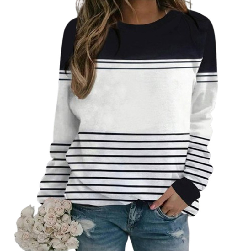 [raktáron] Külkereskedelmi Független Állomás TikTok Őszi Új Szabadidős Ingázó Csíkos Plus Size Női Póló