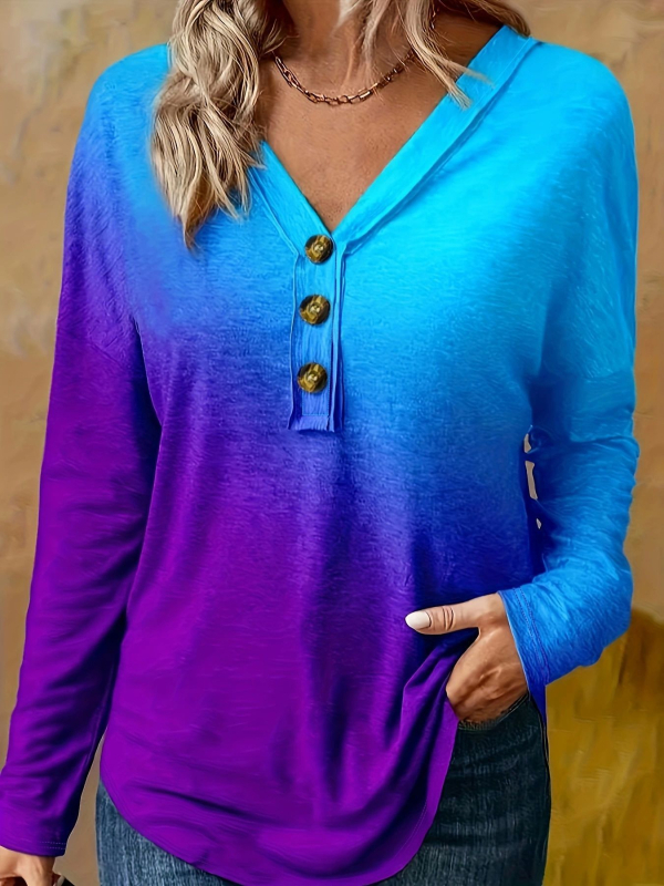 Euroopa ja Ameerika Ühendriikide piiriülene 2025. aasta uus gradienttrükiga nööpidega V-kaelusega T-särk kevad- ja sügisestele naistele mõeldud vabaaja pikkade varrukatega top