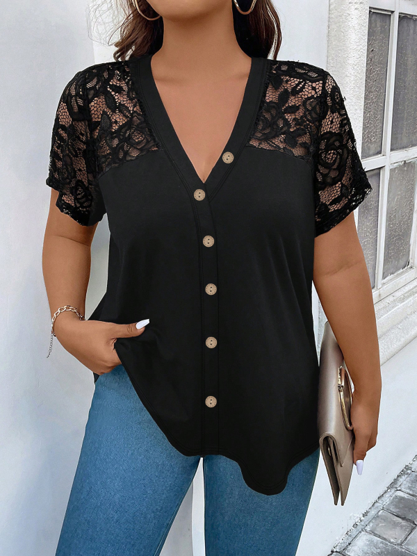 2025. aasta piiriülene Amazoni kevad- ja suveuued suured suurused naisterõivad Euroopa ja Ameerika puhtavärvilised lühikeste varrukatega V-kaelusega vabaaja pitsist T-särk