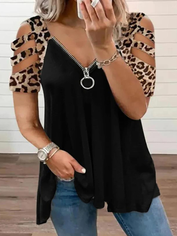 Piiriülesed Euroopa ja Ameerika naisterõivad, pluss-suuruses uued leopardimustriga V-kaelusega lühikeste varrukatega pluusid