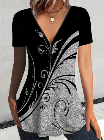 2025 tavaszi és nyári új európai és amerikai határokon átnyúló női TEMU független állomású növényi mintás, bő, szabálytalan, rövid ujjú póló