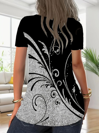 2025 tavaszi és nyári új európai és amerikai határokon átnyúló női TEMU független állomású növényi mintás, bő, szabálytalan, rövid ujjú póló