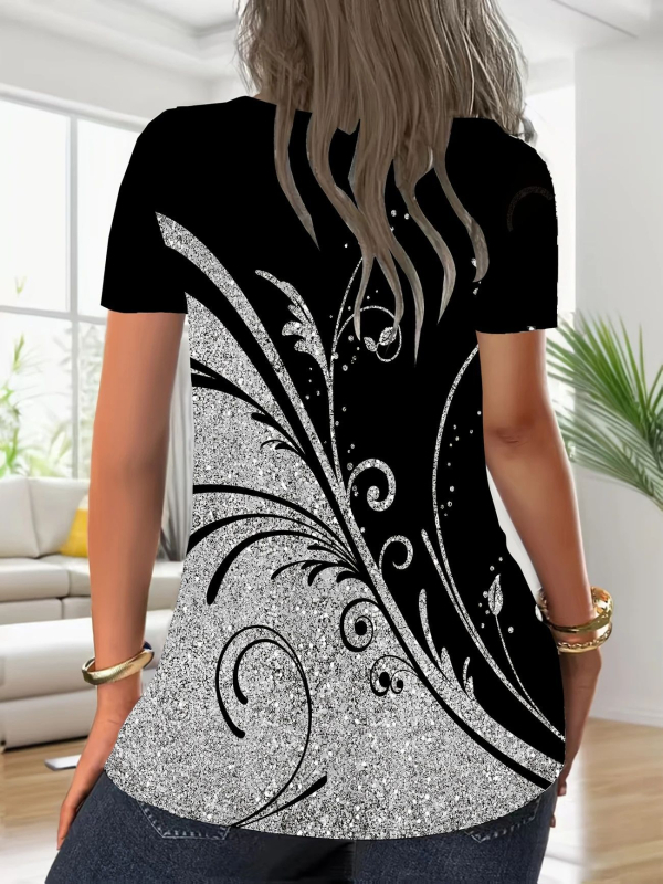 2025 tavaszi és nyári új európai és amerikai határokon átnyúló női TEMU független állomású növényi mintás, bő, szabálytalan, rövid ujjú póló